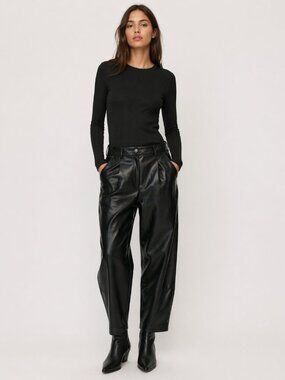 ZARA Black Faux Leather Relaxed Tapered Trousers High Waist Women’s Size 6
